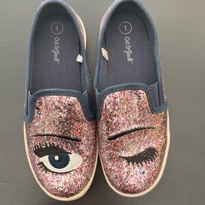 Cat & Jack Winky Eyes Multi Colored Glitter Slip On Sneakers Sz 1